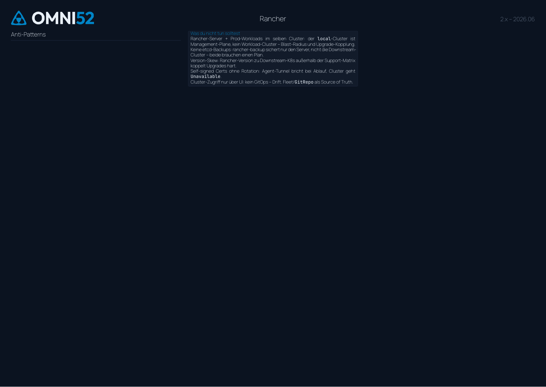 Rancher Cheatsheet Seite 2: Observability, Backup, Ops & Diagnose, Anti-Patterns